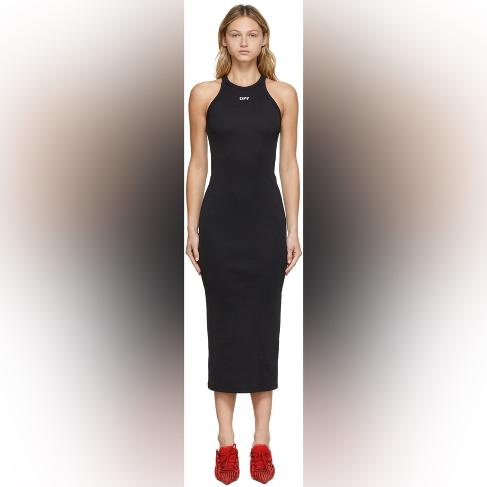 Off-White Black Ribbed Halter Midi Dress